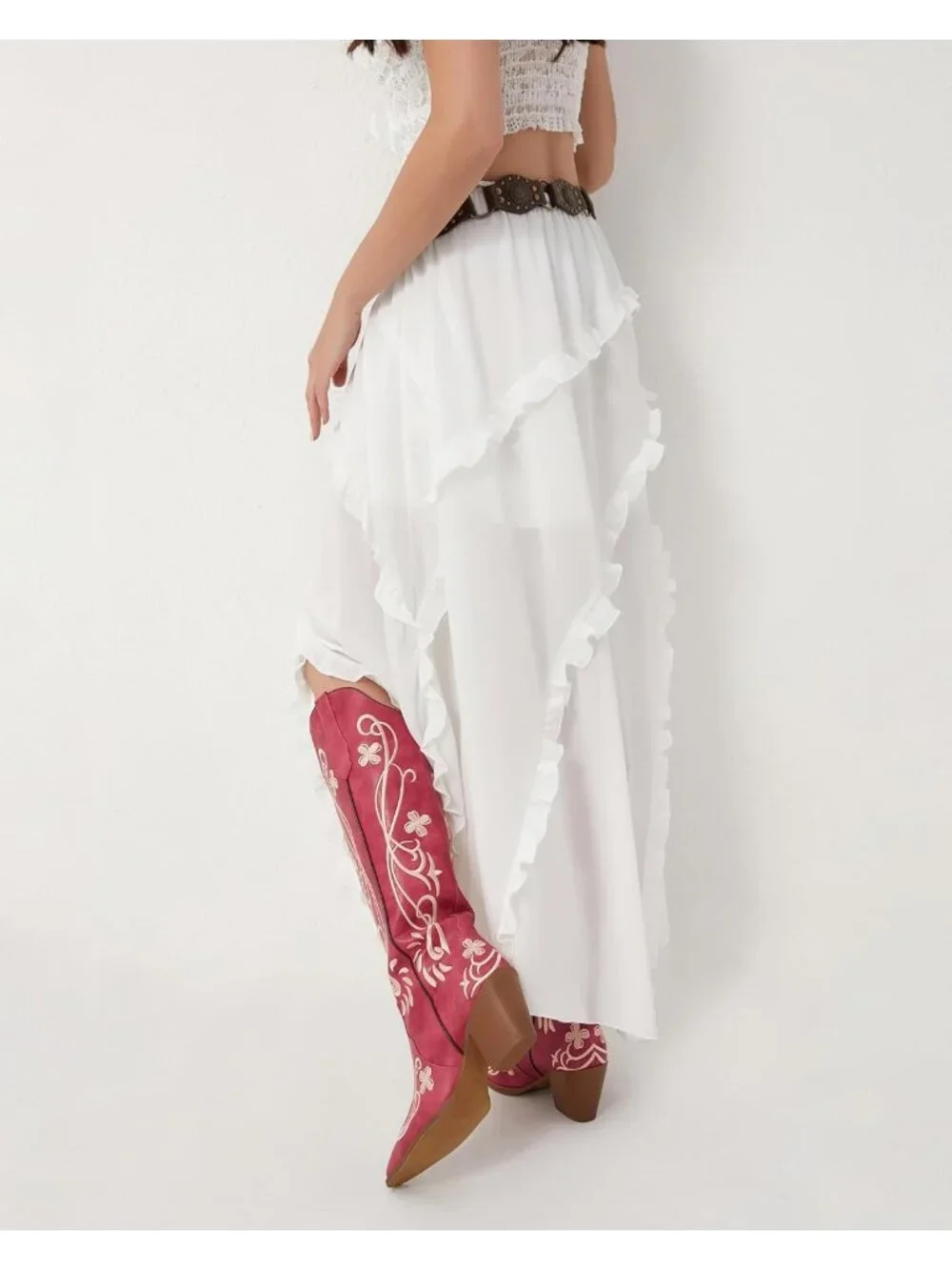 Women's Red pu Knee High Floral Embroidered Vintage Cowgirl Boots